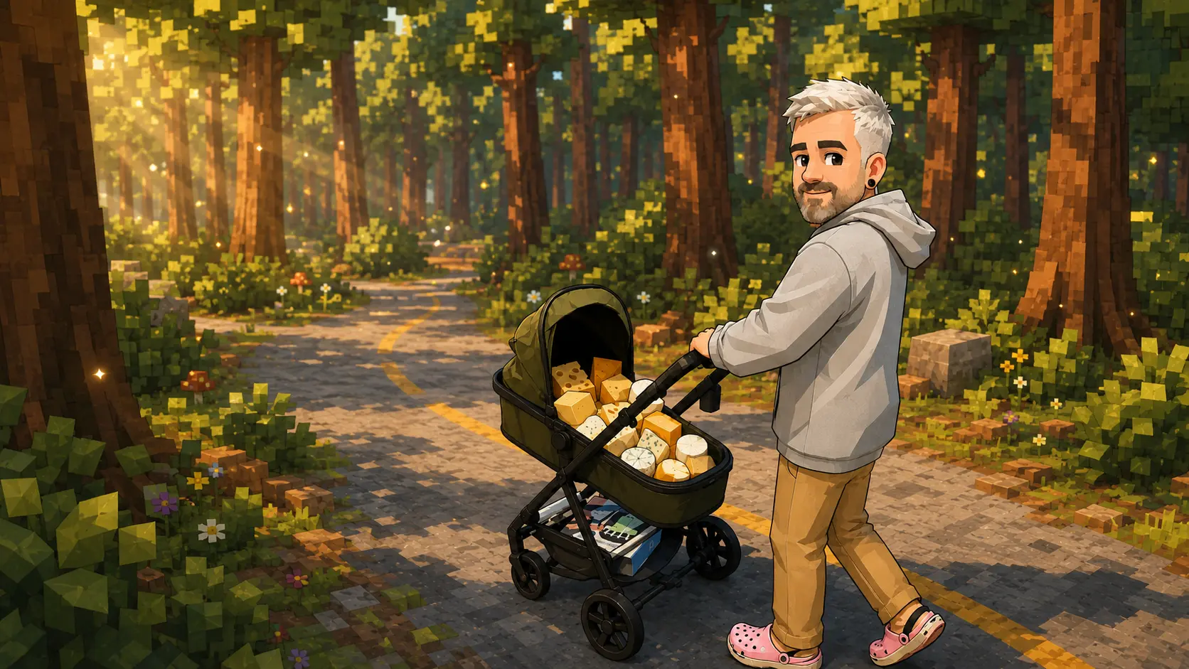 Dakota strolling through a warm blocky woodland with a stroller full of cheese